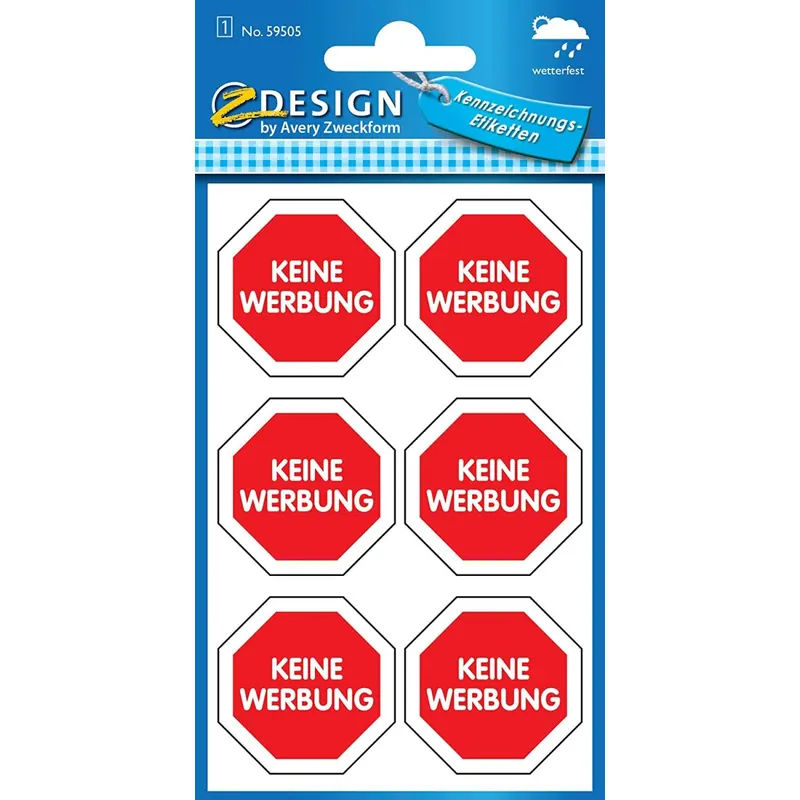 AVERY Zweckform 59505 Keine Werbung Etiketten rotes Schild (wetterfeste Folie) 6 Aufkleber