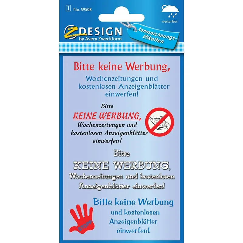 AVERY Zweckform 59508 Keine Werbung Etiketten Schriftzüge (wetterfeste Transparentfolie) 4 Aufkleber