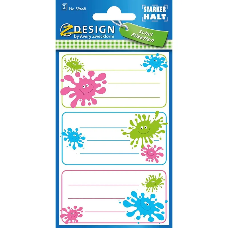AVERY Zweckform 59668 Schuletiketten 6 Stück (Papier-Aufkleber für Mädchen und Jungen, blauer Rand,selbstklebend,starker Halt, beschriftbar, Namensschild, Namensaufkleber für Hefte, Mäppchen, Ordner)
