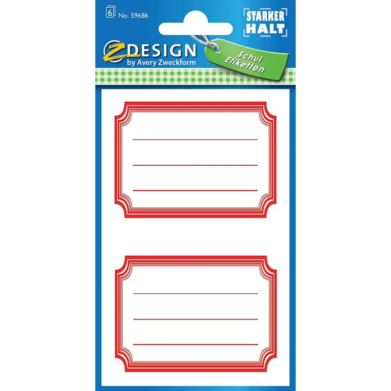 AVERY Zweckform 59686 Schuletiketten 12 Stück (Papier-Aufkleber für Mädchen und Jungen, roter Rand,selbstklebend,starker Halt, beschriftbar, Namensschild, Namensaufkleber für Hefte, Mäppchen, Ordner)