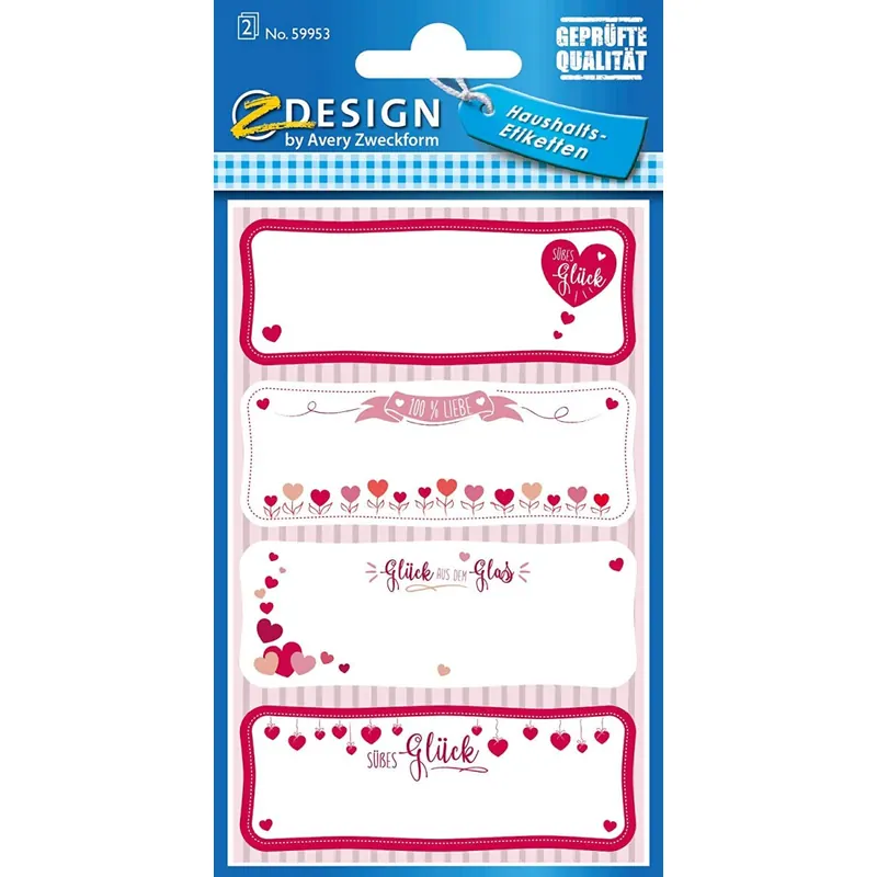 AVERY Zweckform 59953 Haushaltsetiketten selbstklebend 8 Aufkleber Herzen (Marmeladenetiketten zum Beschriften von Selbstgemachten, wiederablösbar) rot rosa weiß