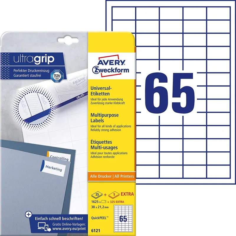 AVERY Zweckform 6121 Universal Etiketten (1.625 plus 325 Klebeetiketten extra, 38x21,2mm auf A4, Papier matt, individuell bedruckbar, selbstklebende Aufkleber mit ultragrip) 30 Blatt, weiß