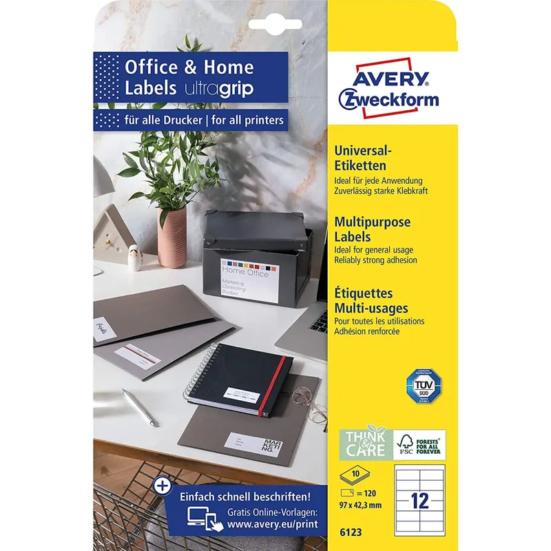 AVERY Zweckform 6123 Adressaufkleber (12 Klebeetiketten, 97x42,3 mm auf A4, bedruckbare Absenderetiketten, selbstklebende Adressetiketten mit ultragrip, ideal fürs HomeOffice) 10 Blatt, weiß