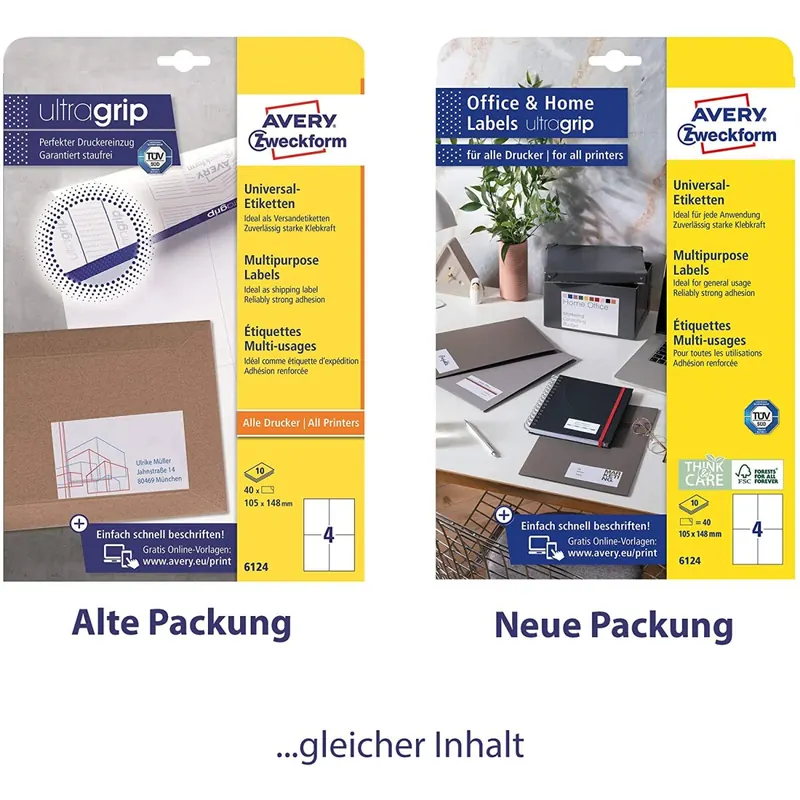 AVERY Zweckform 6124 Universal Etiketten (40 Klebeetiketten, 105x148 mm auf A4, bedruckbare Adressaufkleber, selbstklebende Versandetiketten mit ultragrip, ideal fürs HomeOffice) 10 Blatt, weiß