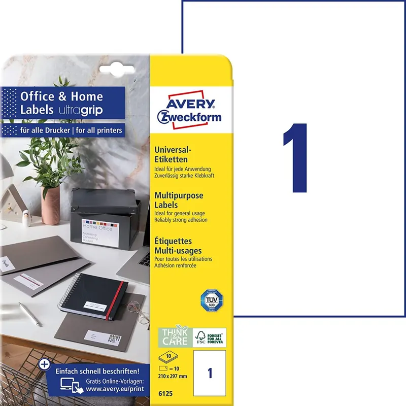 AVERY Zweckform 6125 Universal Etiketten (10 Klebeetiketten, 210x297 mm auf A4, bedruckbare Adressaufkleber, selbstklebende Versandetiketten mit ultragrip, ideal fürs HomeOffice) 10 Blatt, weiß