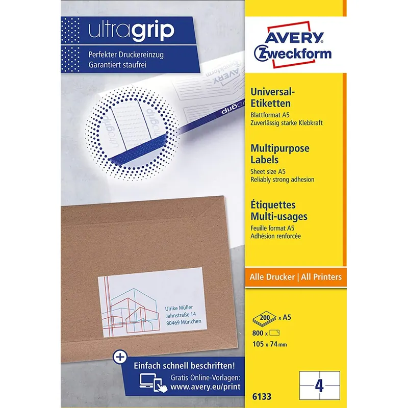 AVERY Zweckform 6133 Universal Etiketten (mit ultragrip, 105 x 74 mm auf DIN A5 quer, Papier matt, bedruckbar, selbstklebend, 800 Klebeetiketten auf 200 Blatt) weiß