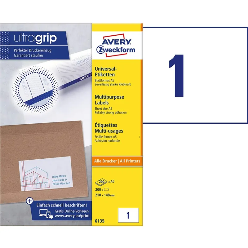 AVERY Zweckform 6135 Universal Etiketten (mit ultragrip, 210 x 148 mm auf DIN A5 quer, Papier matt, bedruckbar, selbstklebend, 200 Klebeetiketten auf 200 Blatt) weiß