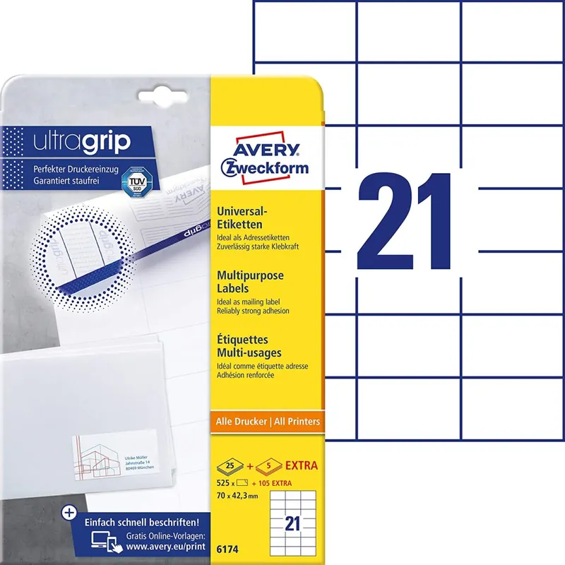 AVERY Zweckform 6174 Adressaufkleber (525 plus 105 Klebeetiketten extra, 70x42,3mm auf A4, Papier matt, bedruckbare Absenderetiketten, selbstklebende Adressetiketten mit ultragrip) 30 Blatt, weiß