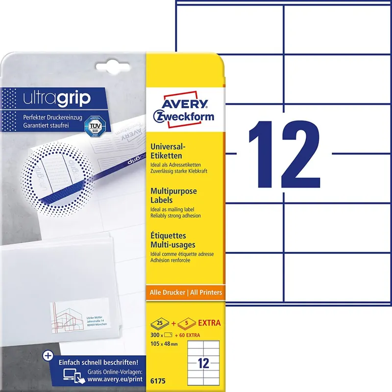 AVERY Zweckform 6175 Adressaufkleber (300 plus 60 Klebeetiketten extra, 105x48mm auf A4, Papier matt, bedruckbare Absenderetiketten, selbstklebende Adressetiketten mit ultragrip) 30 Blatt, weiß