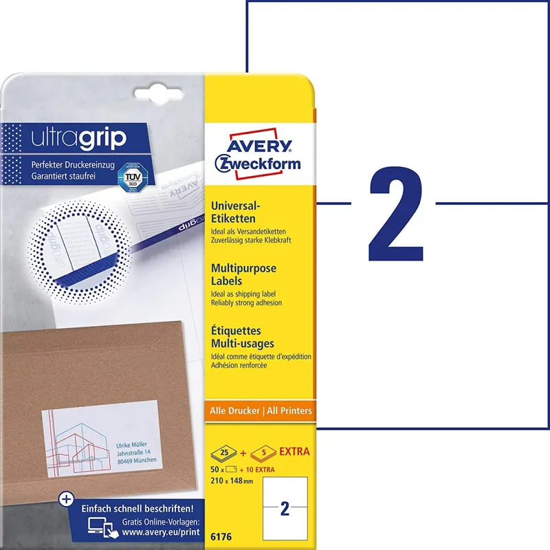 AVERY Zweckform 6176 Universal Etiketten (50 plus 10 Klebeetiketten extra, 210x148mm auf A4, bedruckbare Versandetiketten, selbstklebende Versandaufkleber mit ultragrip, DHL) 30 Blatt, weiß