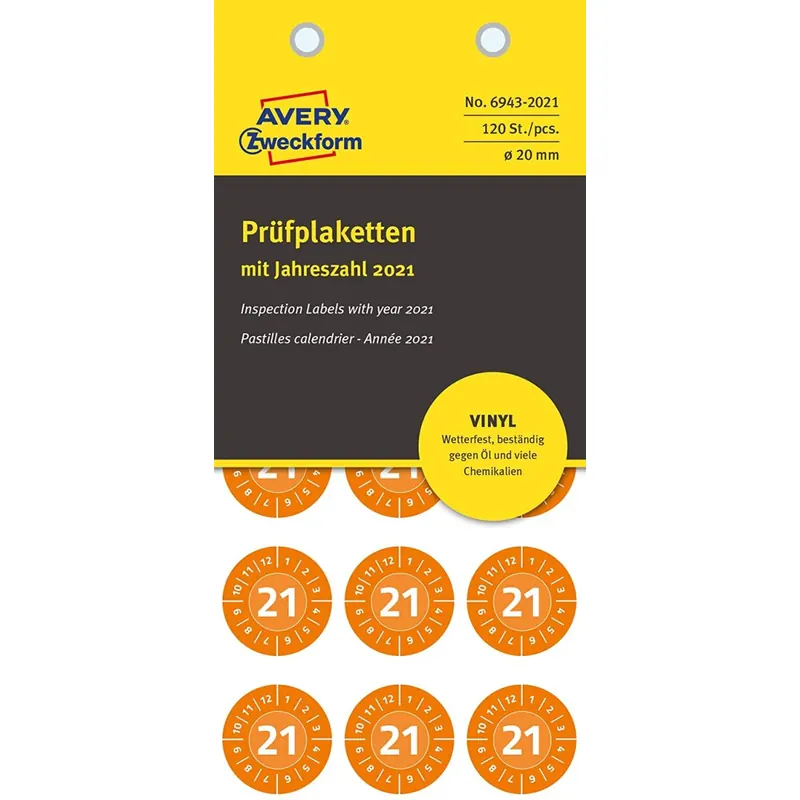 AVERY Zweckform 6943-2021 widerstandsfähige Jahres-Prüfplaketten 2021 (stark selbstklebend, Kleinformat, Ø 20 mm, 120 Aufkleber auf 8 Blatt) orange