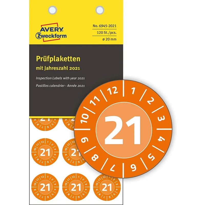 AVERY Zweckform 6945-2021 fälschungssichere Jahres-Prüfplaketten 2021 (stark selbstklebend, Kleinformat, Ø 20 mm, 120 Aufkleber auf 8 Blatt) orange
