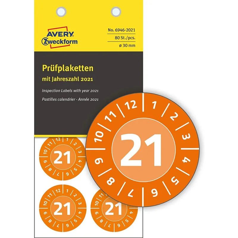 AVERY Zweckform 6946-2021 fälschungssichere Jahres-Prüfplaketten 2021 (stark selbstklebend, Kleinformat, Ø 30 mm, 80 Aufkleber auf 10 Blatt) orange