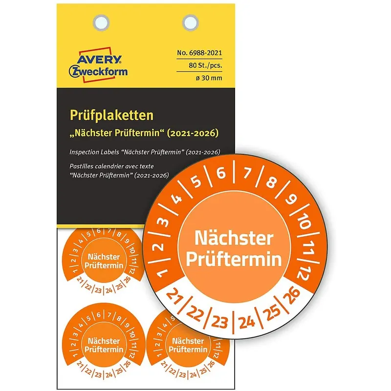 AVERY Zweckform 6989-2021 fälschungssichere Prüfplaketten Nächster Prüftermin 2021-2026 (stark selbstklebend, Kleinformat, Ø 20 mm, 120 Aufkleber auf 8 Blatt) orange