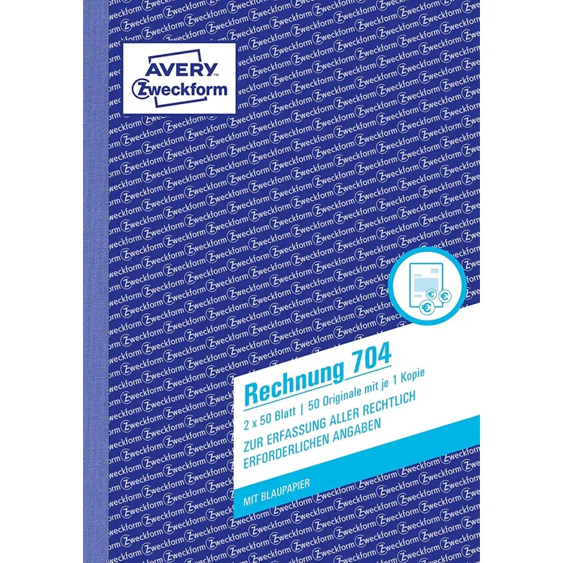 AVERY Zweckform 704 Rechnung (A5, 2x50 Blatt, mit 1 Blatt Blaupapier und 1 Durchschlag, mit Netto- und Bruttobetrag, MwSt. uvm., zur Erfassung aller rechtlich erforderlichen Angaben) weiß/weiß