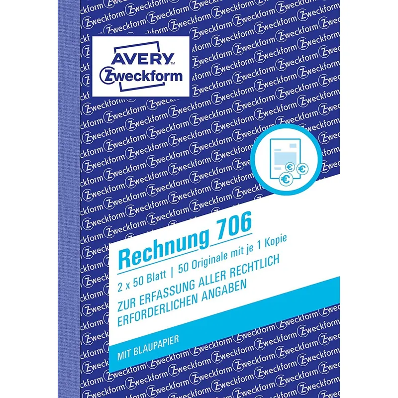 AVERY Zweckform 706 Rechnung (A6, 2x50 Blatt, mit 1 Blatt Blaupapier und 1 blanko Durchschlag, mit Netto- und Bruttobetrag, MwSt. uvm., zur Erfassung aller rechtlich erforderlichen Angaben) weiß/weiß