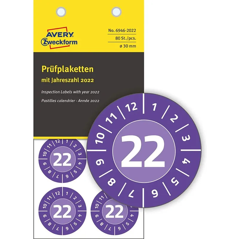 AVERY Zweckform 80 Stück Prüfplaketten 2022 (fälschungssicher, stark selbstklebend, Ø 30 mm, Prüfaufkleber, beschriftbare Prüfsiegel aus Dokumentenfolie) 6946-2022 violett