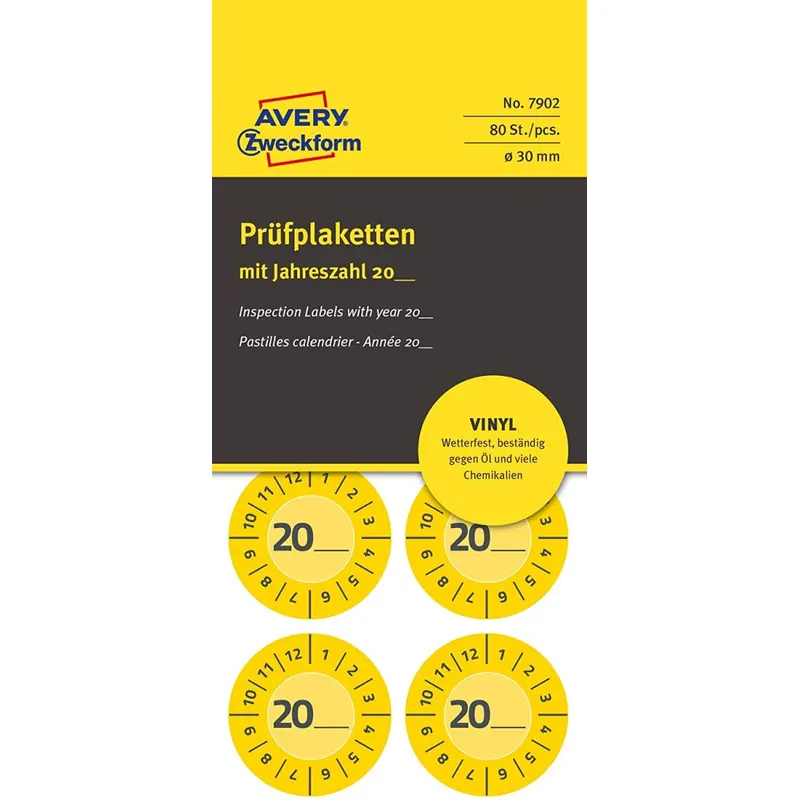 AVERY Zweckform 80 Stück Prüfplaketten 20xx (mit Jahreszahl zum selber eintragen, widerstandsfähig, stark selbstklebend, Ø30 mm, Prüfaufkleber, beschriftbare Prüfsiegel aus Vinyl-Klebefolie) 7902 gelb