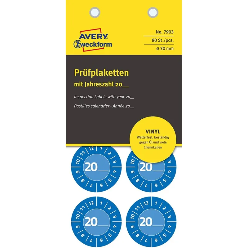 AVERY Zweckform 80 Stück Prüfplaketten 20xx (mit Jahreszahl zum selber eintragen, widerstandsfähig, stark selbstklebend, Ø30 mm, Prüfaufkleber, beschriftbare Prüfsiegel aus Vinyl-Klebefolie) 7903 blau