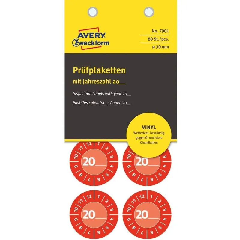AVERY Zweckform 80 Stück Prüfplaketten 20xx (mit Jahreszahl zum selber eintragen, widerstandsfähig, stark selbstklebend, Ø30 mm, Prüfaufkleber, beschriftbare Prüfsiegel aus Vinyl-Klebefolie) 7901 rot