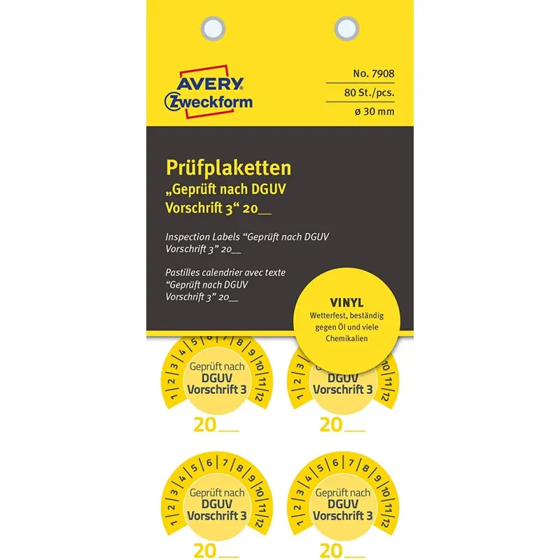 AVERY Zweckform 80 Stück Prüfplaketten Geprüft nach DGUV Vorschrift 3 20 (mit Jahreszahl zum selber eintragen, widerstandsfähig, selbstklebend, 30 mm, Prüfaufkleber, Prüfsiegel aus Vinyl) 7908 gelb