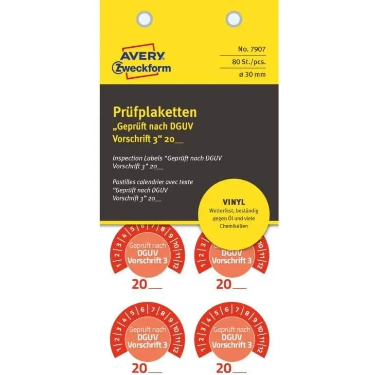 AVERY Zweckform 80 Stück Prüfplaketten Geprüft nach DGUV Vorschrift 3 20xx (mit Jahreszahl zum selber eintragen, widerstandsfähig, selbstklebend, Ø 30 mm, Prüfaufkleber, Prüfsiegel aus Vinyl) 7907 rot