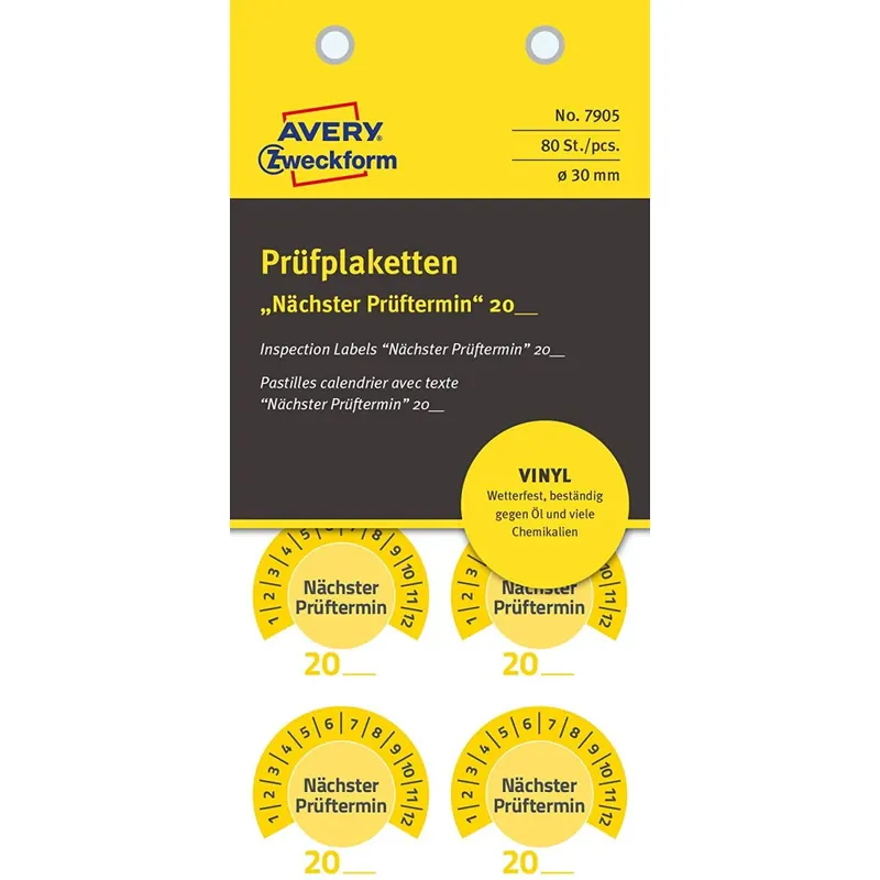 AVERY Zweckform 80 Stück Prüfplaketten Nächster Prüftermin 20xx (mit Jahreszahl zum selber eintragen, widerstandsfähig, selbstklebend, Ø 30 mm, Prüfaufkleber, Prüfsiegel aus Vinyl) 7905 gelb