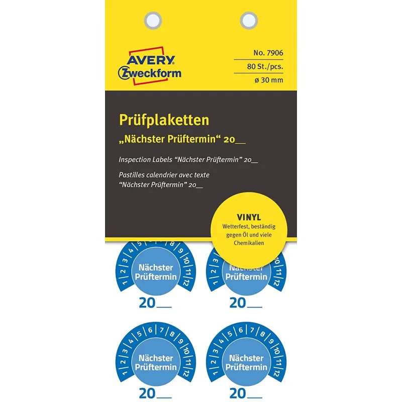 AVERY Zweckform 80 Stück Prüfplaketten Nächster Prüftermin 20xx (mit Jahreszahl zum selber eintragen, widerstandsfähig, selbstklebend, Ø 30 mm, Prüfaufkleber, Prüfsiegel aus Vinyl) 7906 blau