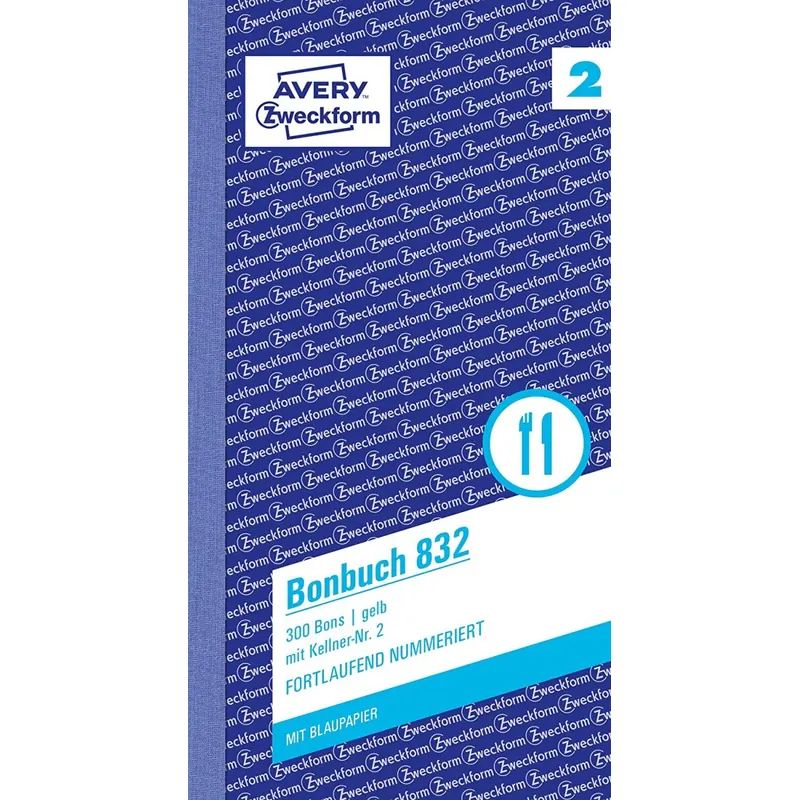 AVERY Zweckform 832 Bonbuch (105x198mm, 300 Bons mit Kellner-Nr. 2, mit einem Blatt Blaupapier und je einem Durchschlag, 1 Block mit 300 Stück, ideal für den Gastronomiebedarf) gelb/weiß
