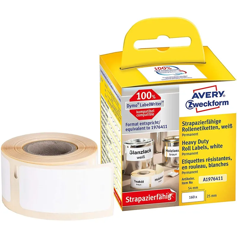 AVERY Zweckform A1976411 Folienetiketten extrem stark selbstklebend, 160 Aufkleber (25 x 54 mm, Kompatibel mit Dymo LabelWriter, entspricht 1976411, strapazierfähig, permanent haftend) 1 Rolle weiß