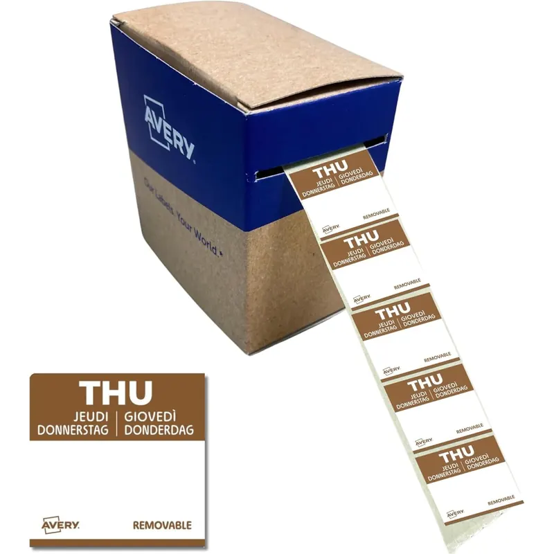 AVERY Zweckform ablösbare Lebensmittel-Tagesetiketten Donnerstag (braun 25 x 25 mm 1000 Aufkleber auf Rolle 5-sprachig HACCP-konform) DLSTHUREV-1000