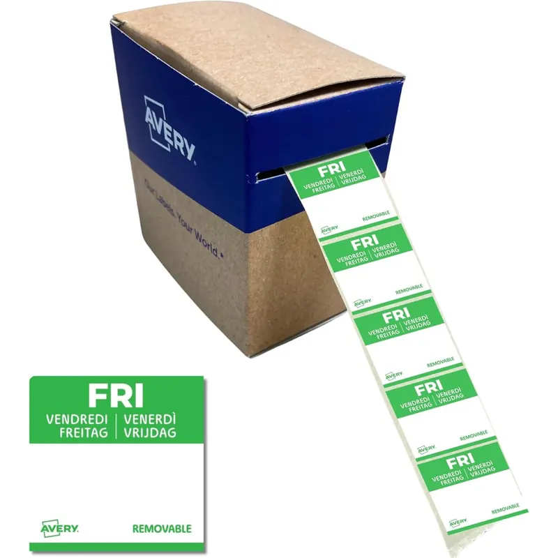 AVERY Zweckform ablösbare Lebensmittel-Tagesetiketten Freitag (grün 25 x 25 mm 1000 Aufkleber auf Rolle 5-sprachig HACCP-konform) DLSFRIREV-1000