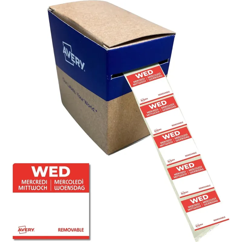 AVERY Zweckform ablösbare Lebensmittel-Tagesetiketten Mittwoch (rot 25 x 25 mm 1000 Aufkleber auf Rolle 5-sprachig HACCP-konform) DLSWEDREV-1000