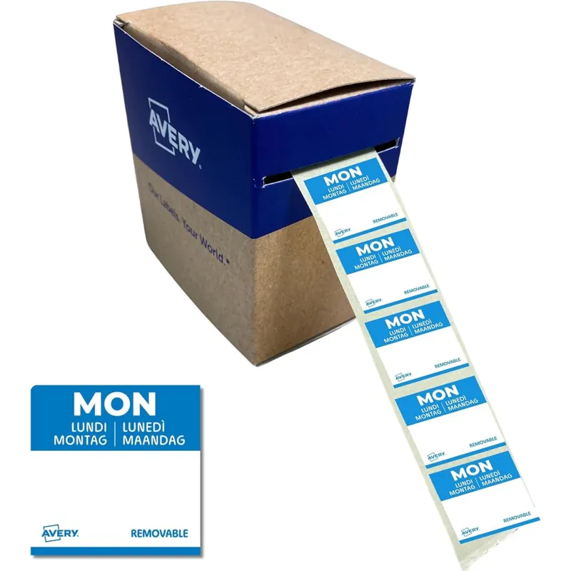 AVERY Zweckform ablösbare Lebensmittel-Tagesetiketten Montag (blau 25 x 25 mm 1000 Aufkleber auf Rolle 5-sprachig HACCP-konform) DLSMONREV-1000