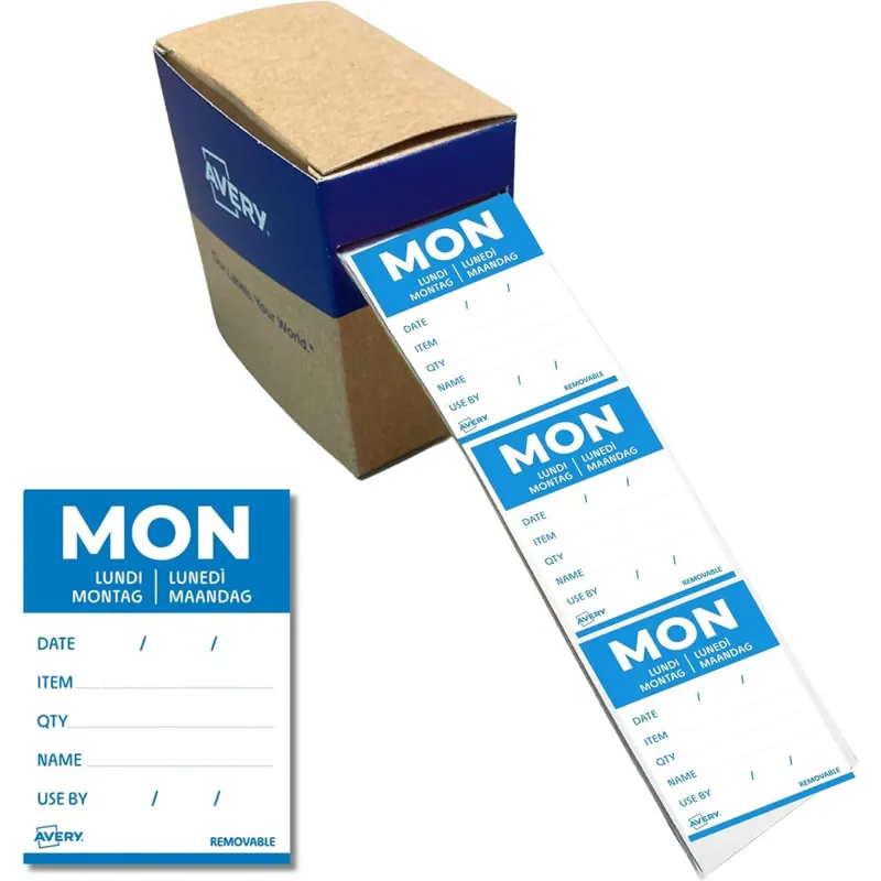 AVERY Zweckform ablösbare Lebensmittel-Tagesetiketten Montag (blau 40 x 56 mm 500 Aufkleber auf Rolle 5-sprachig HACCP-konform) DLDMONREV-500