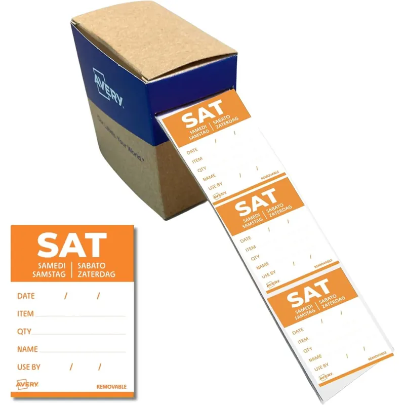 AVERY Zweckform ablösbare Lebensmittel-Tagesetiketten Samstag (orange 40 x 56 mm 500 Aufkleber auf Rolle 5-sprachig HACCP-konform) DLDSATREV-500