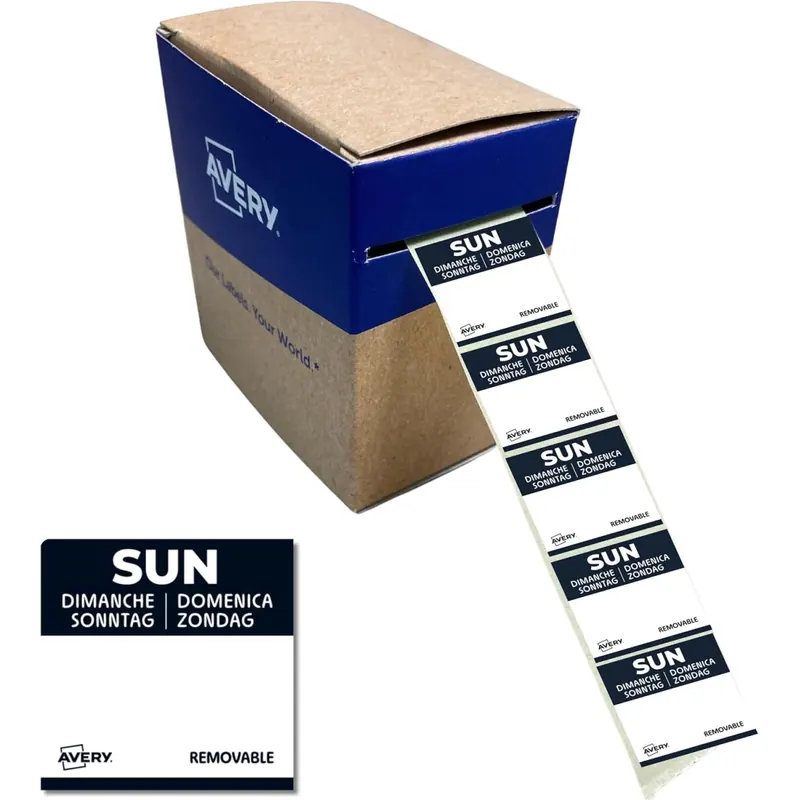 AVERY Zweckform ablösbare Lebensmittel-Tagesetiketten Sonntag (schwarz 25 x 25 mm 1000 Aufkleber auf Rolle 5-sprachig HACCP-konform) DLSSUNREV-1000