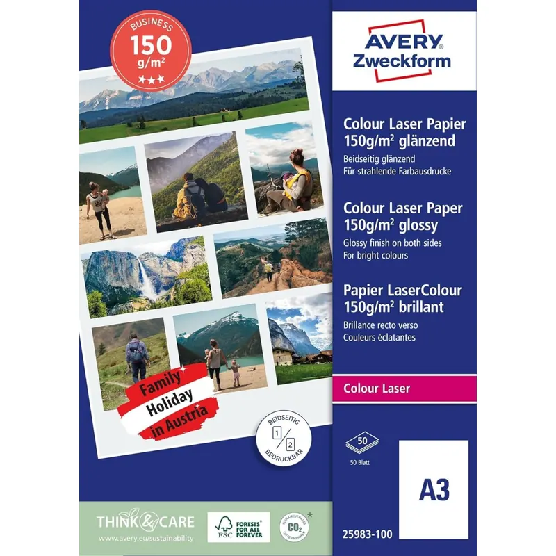 Avery Zweckform Art. 25983-100 Business Colour Laser Papier (50 Blatt, 150 g/m², DIN A3, glänzendes Druckerpapier, beidseitig beschichtet, wischfest, Flyerpapier für Laser-Drucker & Kopierer) weiß