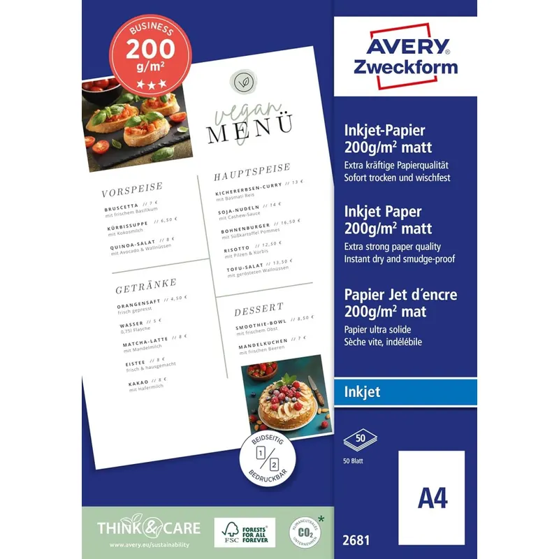 Avery Zweckform Art. 2681 Business Inkjet Papier (50 Blatt, 200 g/m², A4, mattes Druckerpapier, beidseitig beschichtet & bedruckbar, sofort trocken & wischfest, Flyerpapier für Inkjet-Drucker) weiß