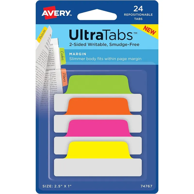 AVERY Zweckform Art. 74767 Haftstreifen transparent/neon (24 Haftnotizen, 63,5x25,4mm, beschreibbare Index Tabs Folie, Post it, ablösbare Klebezettel, Page Marker, Sticky Notes, Klebemarkierungen)