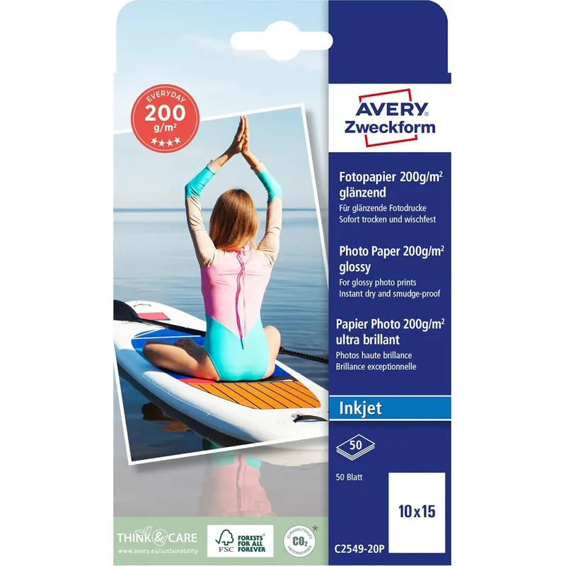 Avery Zweckform Art. C2549-20P Everyday Inkjet Fotopapier (50 Blatt, 200 g/m², 10x15cm, glänzende Fotokarten, einseitig beschichtet, sofort trocken & wischfest, Fotoblätter für Inkjet-Drucker) weiß