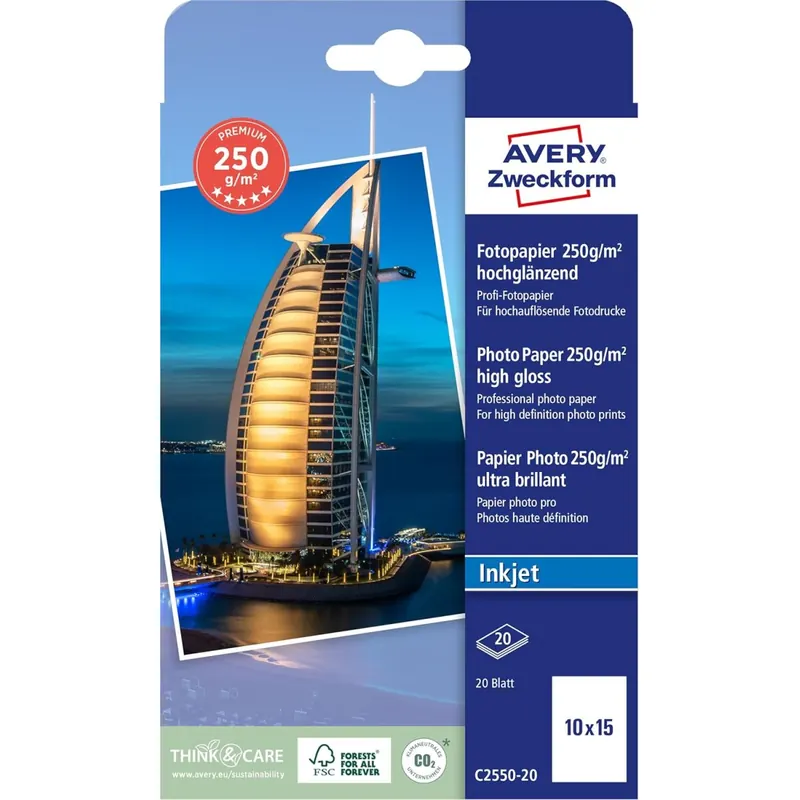 Avery Zweckform Art. C2550-20 Premium Inkjet Fotopapier (20 Blatt, 250 g/m², 10x15cm, hochglänzende Fotokarten, einseitig beschichtet, sofort trocken & wischfest, Fotoblätter für Inkjet-Drucker) weiß