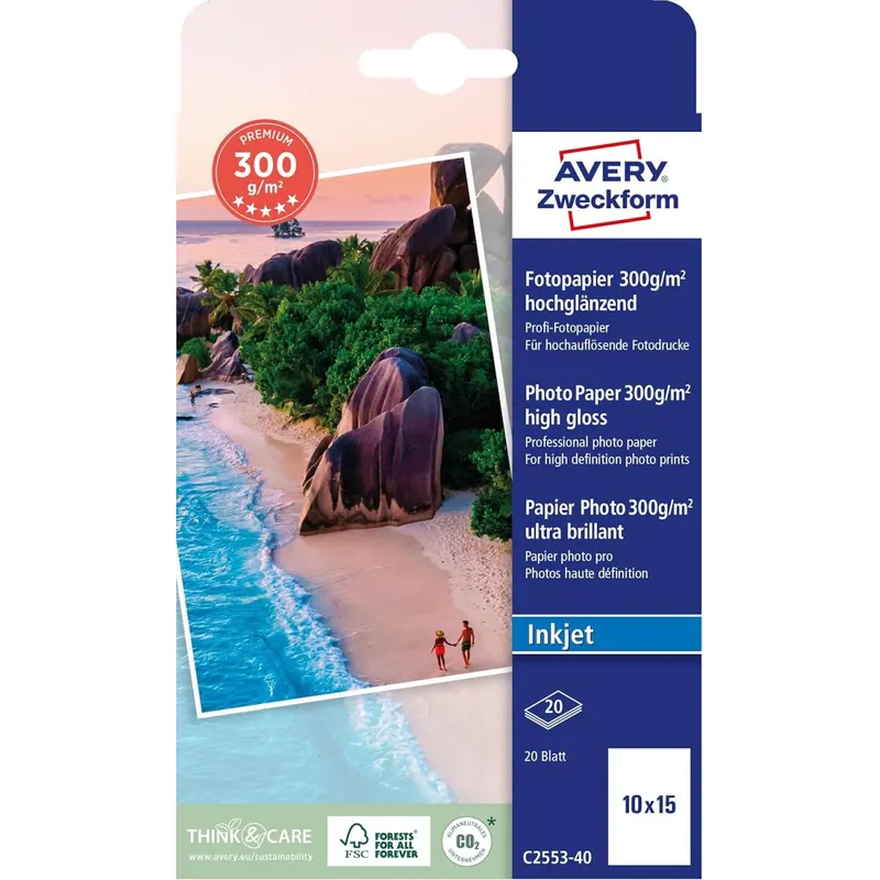 Avery Zweckform Art. C2553-40 Premium Inkjet Fotopapier (20 Blatt, 300 g/m², 10x15cm, hochglänzende Fotokarten, einseitig beschichtet, sofort trocken & wischfest, Fotoblätter für Inkjet-Drucker) weiß