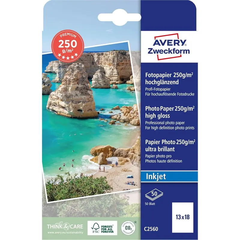 Avery Zweckform Art. C2560 Premium Inkjet Fotopapier (50 Blatt, 250 g/m², 13x18cm, hochglänzende Fotokarten, einseitig beschichtet, sofort trocken & wischfest, Fotoblätter für Inkjet-Drucker) weiß