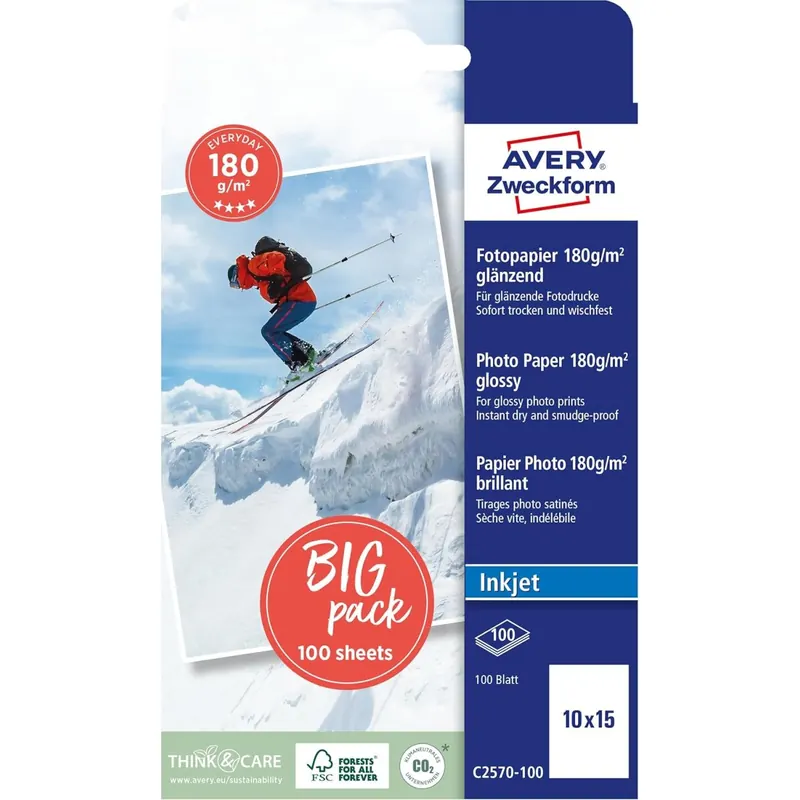 AVERY Zweckform Art. C2570-100 Everyday Inkjet Fotopapier (100 Blatt, 180 g/m², 10x15cm, glänzende Fotokarten, einseitig beschichtet, sofort trocken & wischfest, Fotoblätter für Inkjet-Drucker) weiß