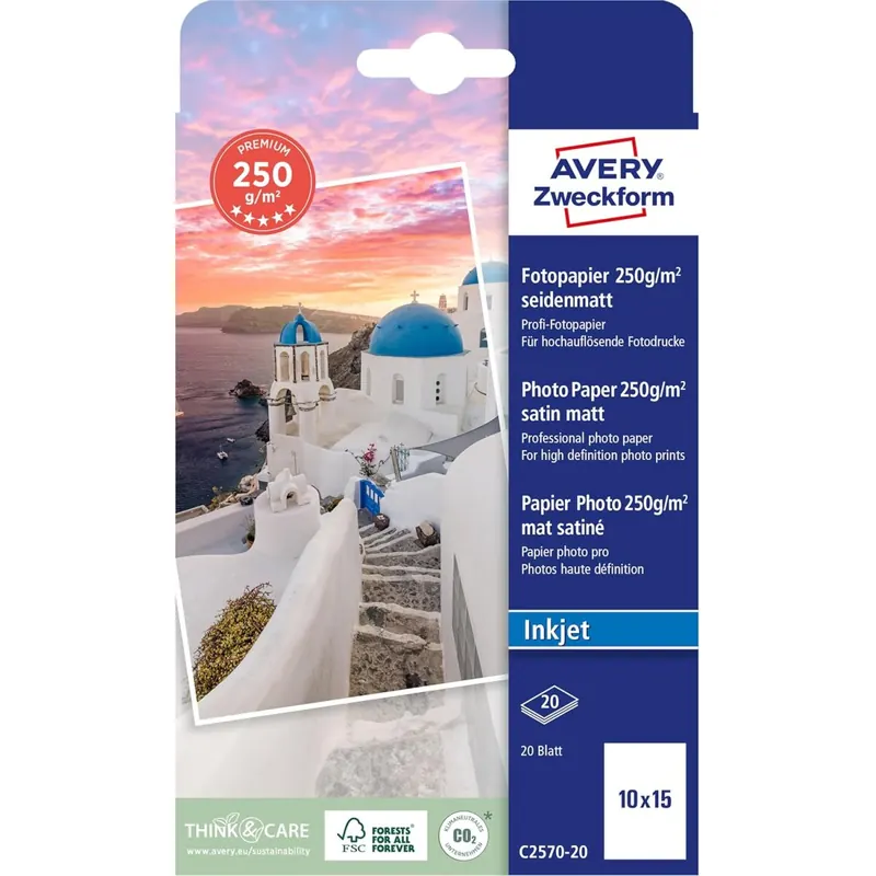 Avery Zweckform Art. C2570-20 Premium Inkjet Fotopapier (20 Blatt, 250 g/m², 10x15cm, seidenmatte Fotokarten, einseitig beschichtet, sofort trocken & wischfest, Fotoblätter für Inkjet-Drucker) weiß
