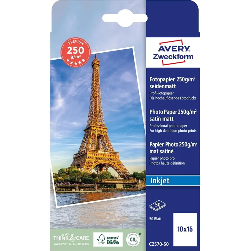 Avery Zweckform Art. C2570-50 Premium Inkjet Fotopapier (50 Blatt, 250 g/m², 10x15cm, seidenmatte Fotokarten, einseitig beschichtet, sofort trocken & wischfest, Fotoblätter für Inkjet-Drucker) weiß