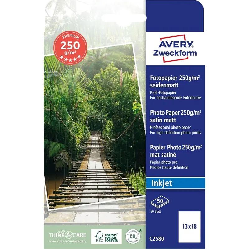 Avery Zweckform Art. C2580 Premium Inkjet Fotopapier (50 Blatt, 250 g/m², 13x18cm, seidenmatte Fotokarten, einseitig beschichtet, sofort trocken & wischfest, Fotoblätter für Inkjet-Drucker) weiß