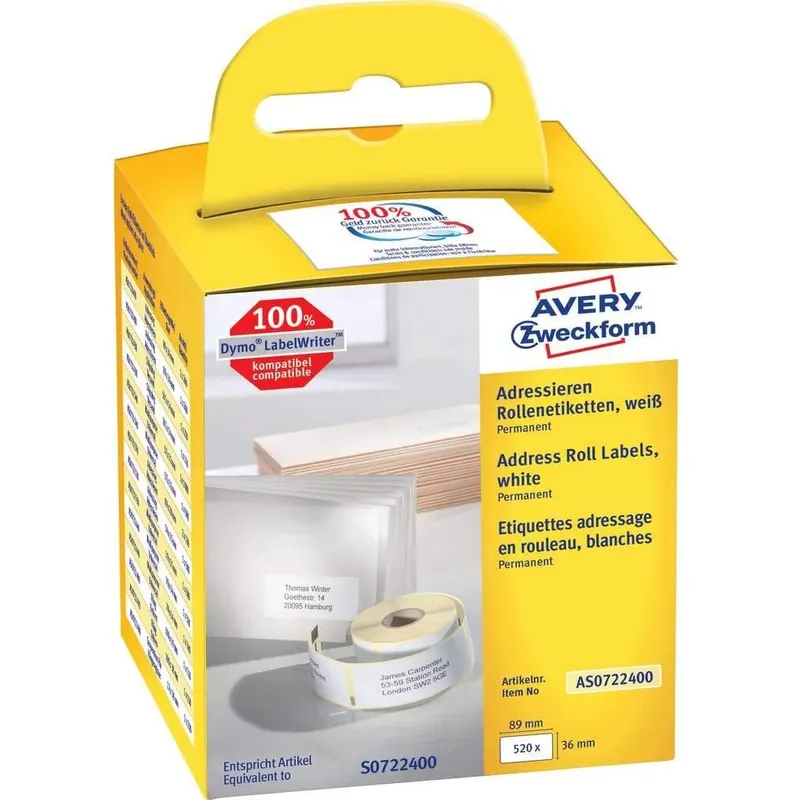 AVERY Zweckform AS0722400 Adressetiketten selbstklebend, 520 Aufkleber (36 x 89 mm, Kompatibel mit Dymo LabelWriter, entspricht S0722400/99012, permanent haftend) 2 Rollen weiß