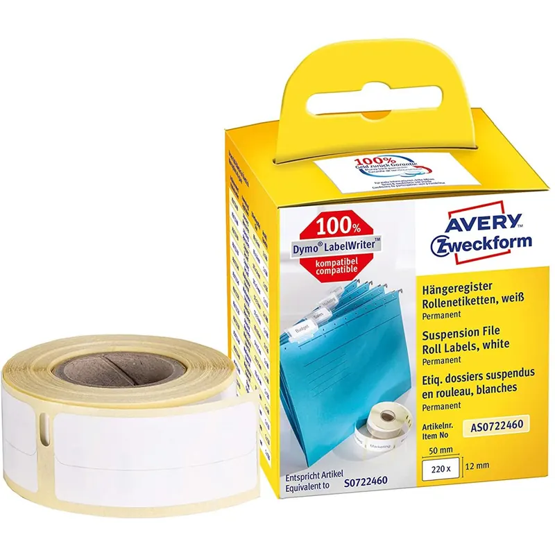 AVERY Zweckform AS0722460 Hängeregisteretiketten selbstklebend, 220 Aufkleber (12 x 50 mm, Kompatibel mit Dymo LabelWriter, entspricht S0722460/99017, permanent haftend) 1 Rolle weiß